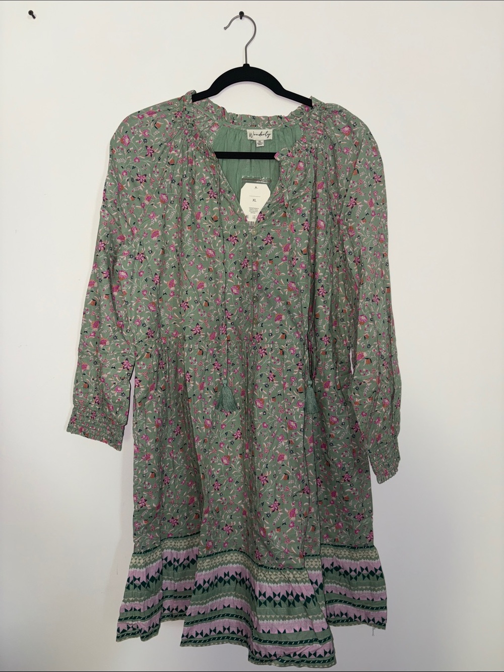 Womens' Green Floral Smocked Dress with Pink Accents